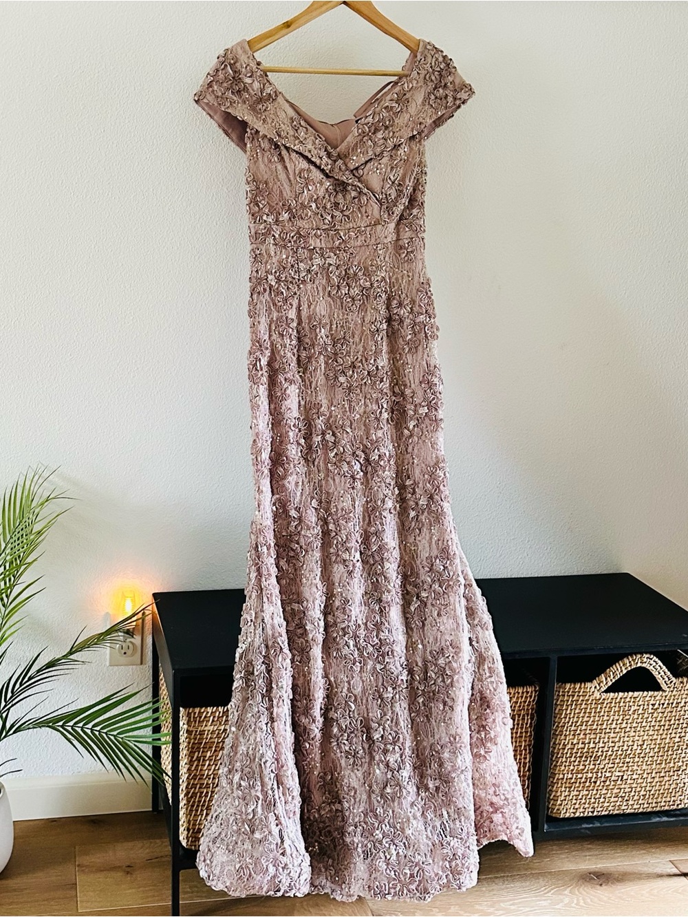 Xscape Elegant Off-Shoulder Embroidered Lace Gown, Soft Lilac, Size 4P